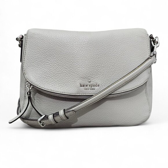 Kate Spade New York Jackson Medium Flap Pebbled Leather Gray Shoulder Bag COA - Picture 1 of 16